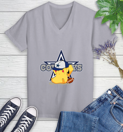 NFL Pikachu Football Sports Dallas Cowboys Women's V-Neck T-Shirt 4
