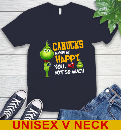 NHL Vancouver Canucks Makes Me Happy You Not So Much Grinch Hockey Sports V-Neck T-Shirt 2