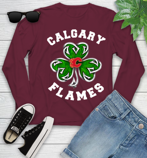 NHL Calgary Flames Three Leaf Clover St Patrick's Day Hockey Sports Youth Long Sleeve 6