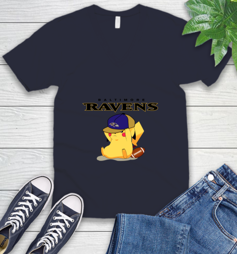 NFL Pikachu Football Sports Baltimore Ravens V-Neck T-Shirt 3