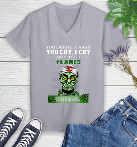NHL Talk Shit About Calgary Flames I Kill You Achmed The Dead Terrorist Jeffrey Dunham Hockey Women's V-Neck T-Shirt 4