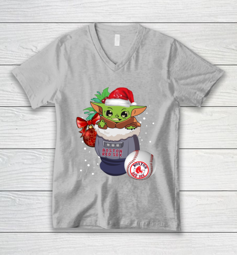 Boston Red Sox Christmas Baby Yoda Star Wars Funny Happy MLB V-Neck T-Shirt 4