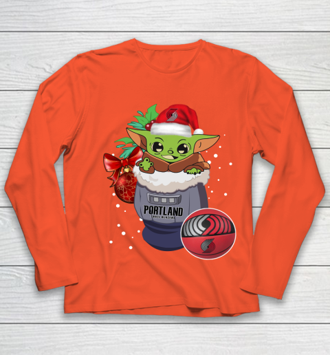 Portland Trail Blazers Christmas Baby Yoda Star Wars Funny Happy NBA Youth Long Sleeve 4