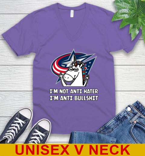 Columbus Blue Jackets NHL Hockey Unicorn I'm Not Anti Hater I'm Anti Bullshit V-Neck T-Shirt 9