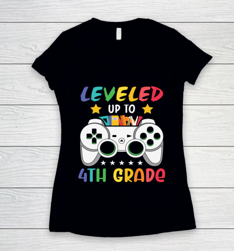 Back To School Shirt Leveled up to 4th grade Women's V-Neck T-Shirt