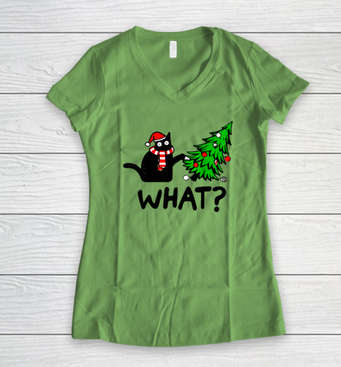 Funny Black Cat Gift Pushing Christmas Tree Over Cat What Women's V-Neck T-Shirt 4