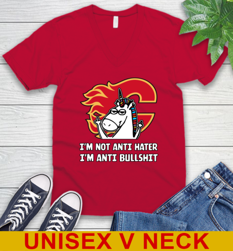 Calgary Flames NHL Hockey Unicorn I'm Not Anti Hater I'm Anti Bullshit V-Neck T-Shirt 7