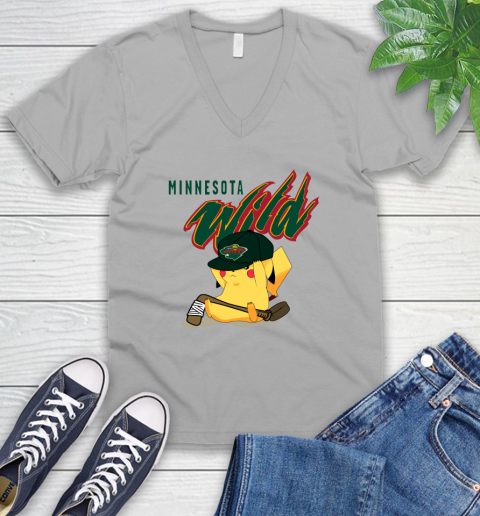 NHL Pikachu Hockey Sports Minnesota Wild V-Neck T-Shirt 4