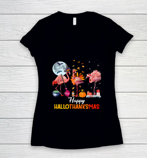 Flamingo Halloween And Merry Christmas Happy Hallothanksmas Women's V-Neck T-Shirt