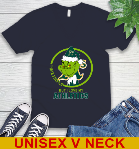 Oakland Athletics MLB Christmas Grinch I Hate People But I Love My Favorite Baseball Team V-Neck T-Shirt 3