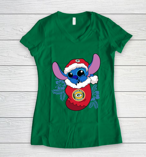 Green Bay Packers Christmas Stitch In The Sock Funny Disney NFL Women's V-Neck T-Shirt 5