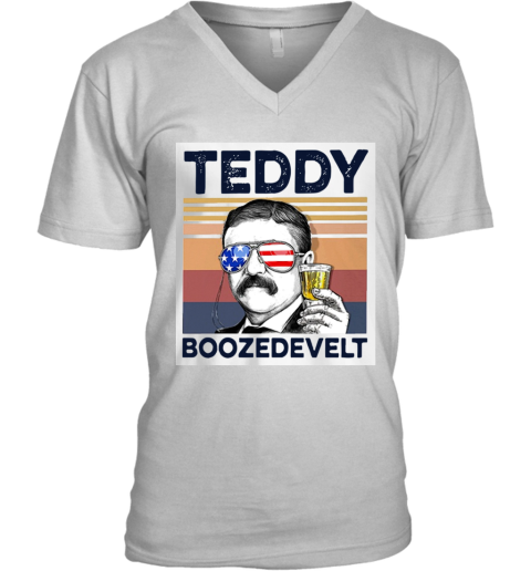 American Flag Teddy Boozedevelt V-Neck T-Shirt
