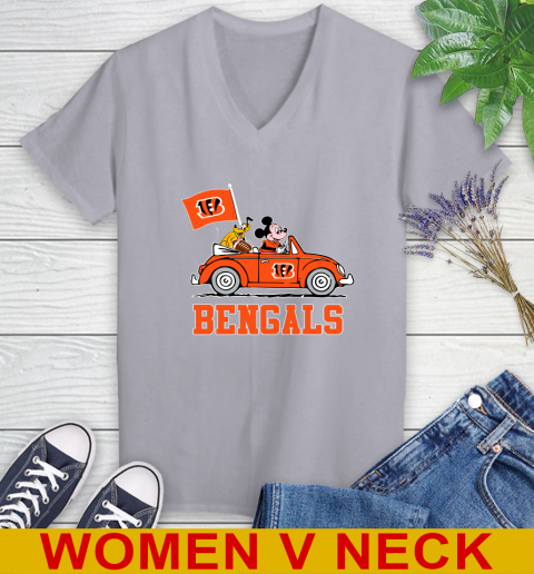 NFL Football Cincinnati Bengals Pluto Mickey Driving Disney Shirt Women's V-Neck T-Shirt 5