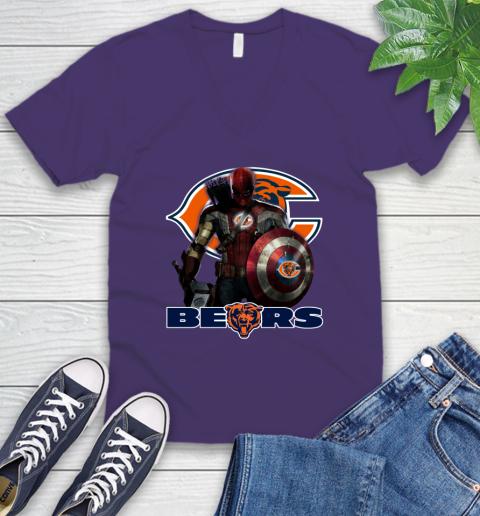 NFL Captain America Thor Spider Man Hawkeye Avengers Endgame Football Chicago Bears V-Neck T-Shirt 10