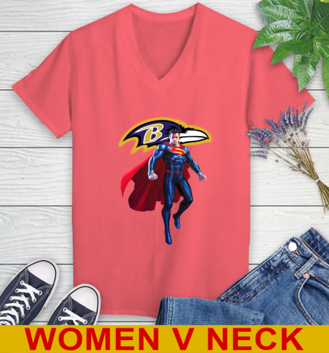 NFL Superman DC Sports Football Baltimore Ravens Women's V-Neck T-Shirt 7
