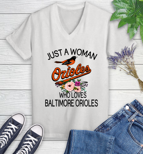 MLB Just A Woman Who Loves Baltimore Orioles Baseball Sports Women's V-Neck T-Shirt