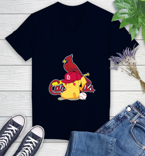 MLB Pikachu Baseball Sports St.Louis Cardinals Women's V-Neck T-Shirt 3