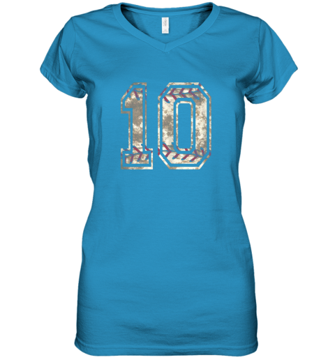 ct61 baseball jersey number 10 vintage distressed women v neck t shirt 39 front sapphire