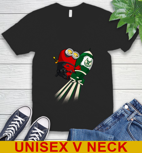 NBA Basketball Milwaukee Bucks Deadpool Minion Marvel Shirt V-Neck T-Shirt NBA Basketball Milwaukee Bucks Deadpool Minion Marvel Shirt V-Neck T-Shirt