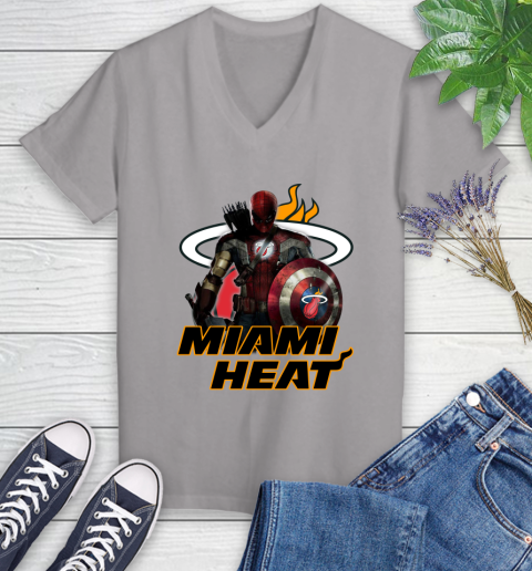 Miami Heat NBA Basketball Captain America Thor Spider Man Hawkeye Avengers Women's V-Neck T-Shirt 4