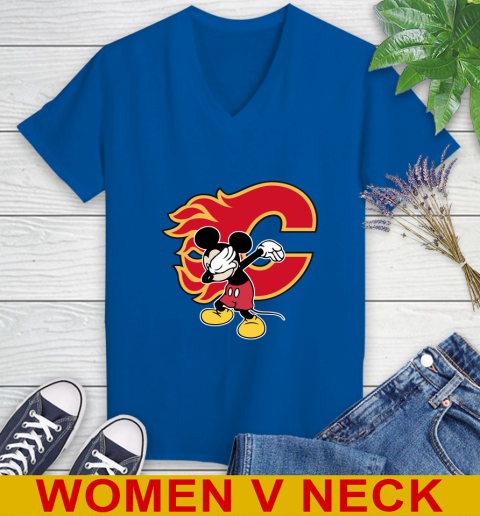 Calgary Flames NHL Hockey Dabbing Mickey Disney Sports Women's V-Neck T-Shirt 11