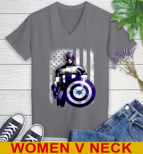 Charlotte Hornets NBA Basketball Captain America Marvel Avengers American Flag Shirt Women's V-Neck T-Shirt 11