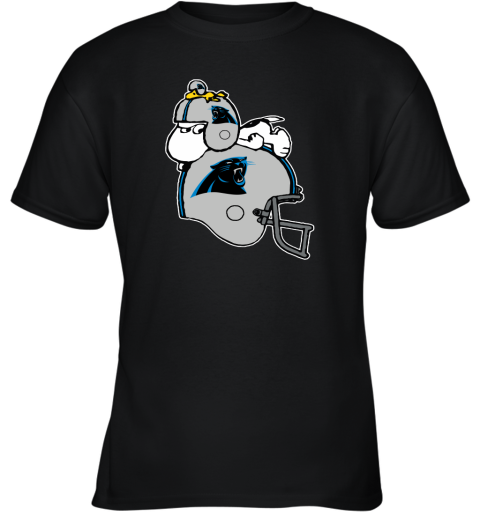 Snoopy And Woodstock Resting On Carolina Panthers Helmet Youth T-Shirt