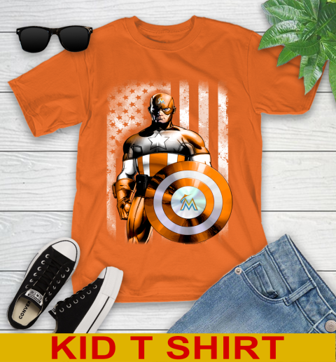 Miami Marlins MLB Baseball Captain America Marvel Avengers American Flag Shirt Youth T-Shirt 8