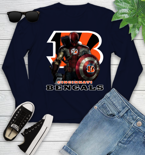 NFL Captain America Thor Spider Man Hawkeye Avengers Endgame Football Cincinnati Bengals Youth Long Sleeve 3