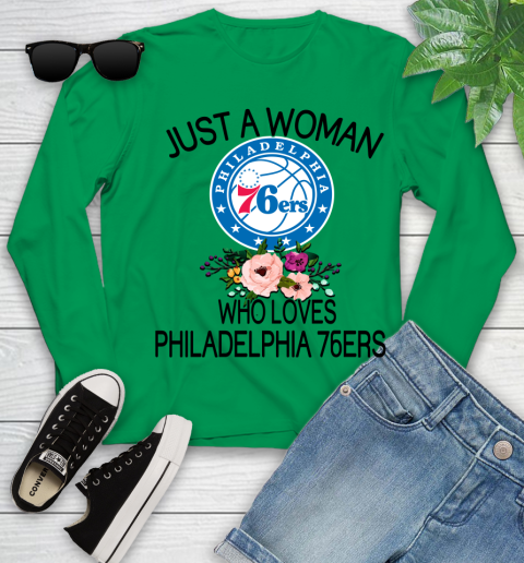 NBA Just A Woman Who Loves Philadelphia 76ers Basketball Sports Youth Long Sleeve 4