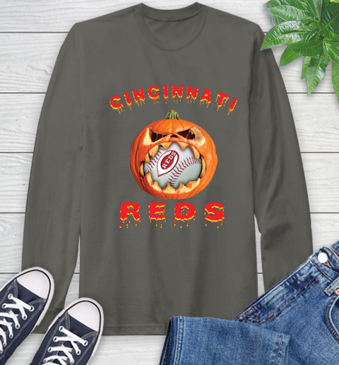 MLB Cincinnati Reds Halloween Pumpkin Baseball Sports Long Sleeve T-Shirt 8