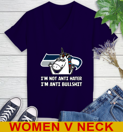 Seattle Seahawks NFL Football Unicorn I'm Not Anti Hater I'm Anti Bullshit Women's V-Neck T-Shirt 4