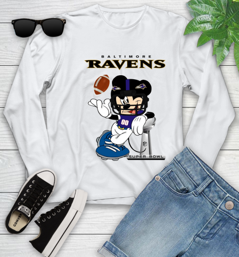NFL Baltimore Ravens Mickey Mouse Disney Super Bowl Football T Shirt Youth Long Sleeve