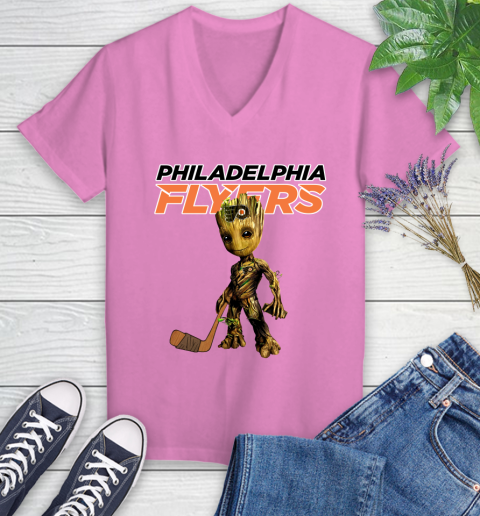 Philadelphia Flyers NHL Hockey Groot Marvel Guardians Of The Galaxy Women's V-Neck T-Shirt 14