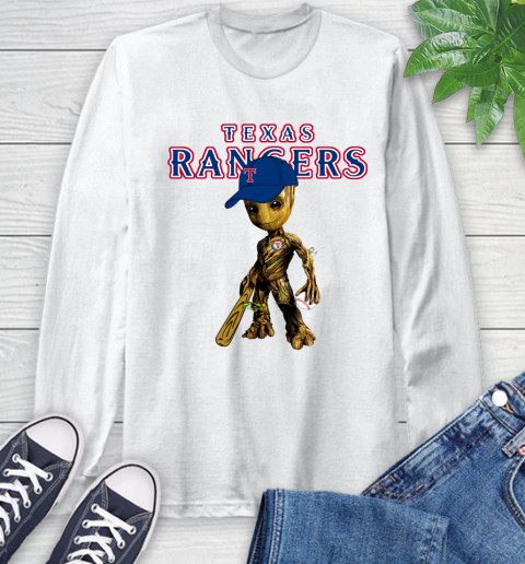 MLB Texas Rangers Groot Guardians Of The Galaxy Baseball Long Sleeve T-Shirt