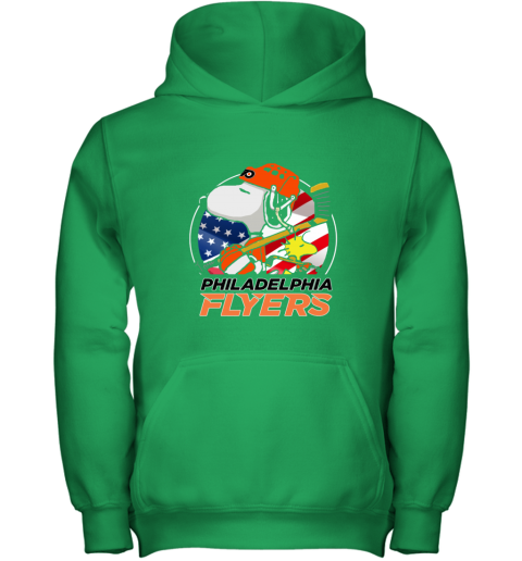 z192 philadelphia flyers snoopy and woodstock nhl youth hoodie 43 front irish green