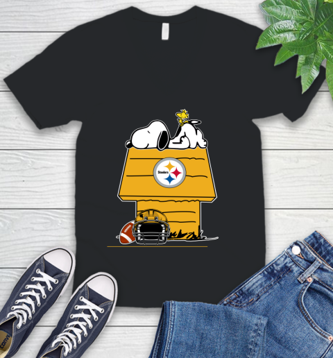 Pittsburgh Steelers NFL Football Snoopy Woodstock The Peanuts Movie V-Neck T-Shirt 2