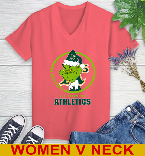 Oakland Athletics MLB Christmas Grinch I Hate People But I Love My Favorite Baseball Team Women's V-Neck T-Shirt 7