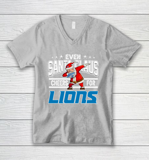 Detroit Lions Even Santa Claus Cheers For Christmas NFL V-Neck T-Shirt 3