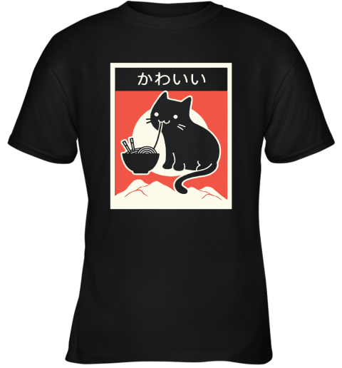 Black Cat Eating Ramen Japanese Kawaii Cat Youth T-Shirt