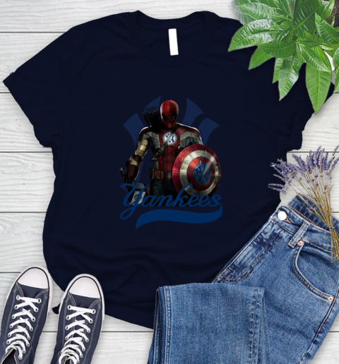 MLB Captain America Thor Spider Man Hawkeye Avengers Endgame Baseball New York Yankees Women's T-Shirt 3