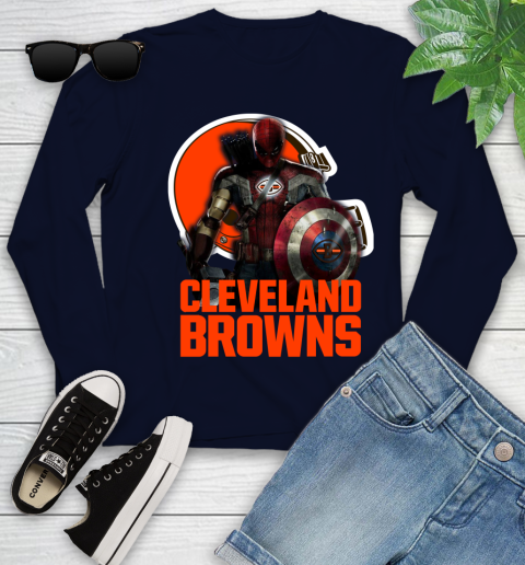 NFL Captain America Thor Spider Man Hawkeye Avengers Endgame Football Cleveland Browns Youth Long Sleeve 3