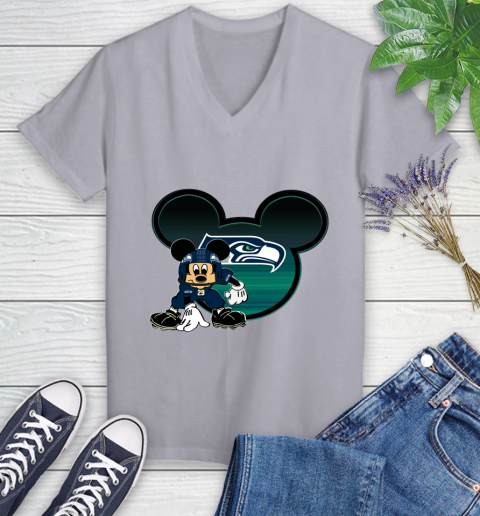 NFL Seattle Seahawks Mickey Mouse Disney Football T Shirt Women's V-Neck T-Shirt 4
