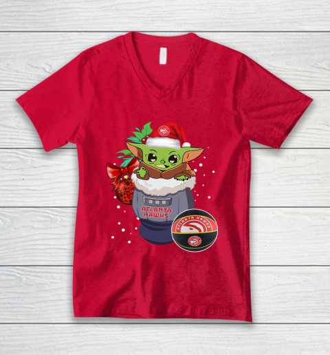 Atlanta Hawks Christmas Baby Yoda Star Wars Funny Happy NBA V-Neck T-Shirt 7