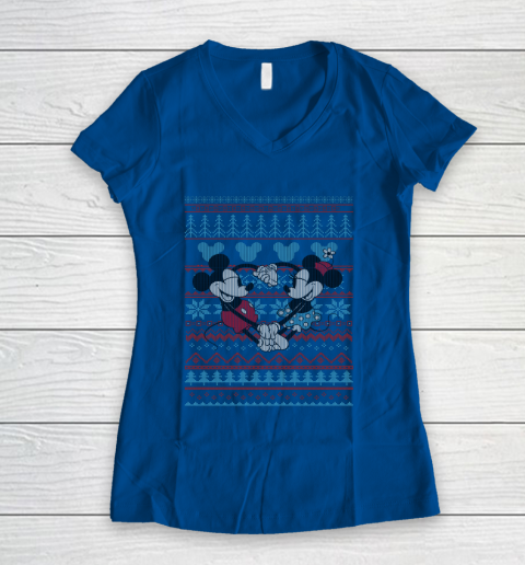 Disney Mickey And Minnie Mouse Christmas Ugly Sweater Style Women s V Neck T Shirt Tee For Sports