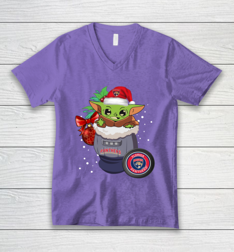 Florida Panthers Christmas Baby Yoda Star Wars Funny Happy NHL V-Neck T-Shirt 9