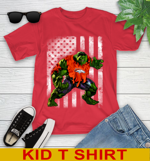 Denver Broncos Hulk Marvel Avengers NFL Football American Flag Youth T-Shirt 11