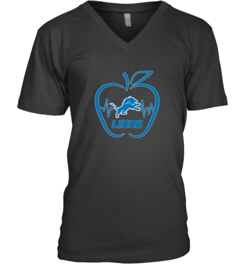 Apple Heartbeat Teacher Symbol Detroit Lions V-Neck T-Shirt