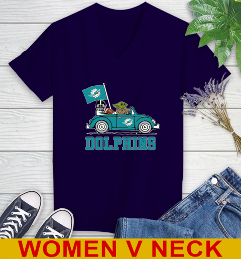 NFL Football Miami Dolphins Darth Vader Baby Yoda Driving Star Wars Shirt Women's V-Neck T-Shirt 4