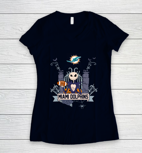 NFL Miami Dolphins Football Jack Skellington Halloween Women's V-Neck T-Shirt 2
